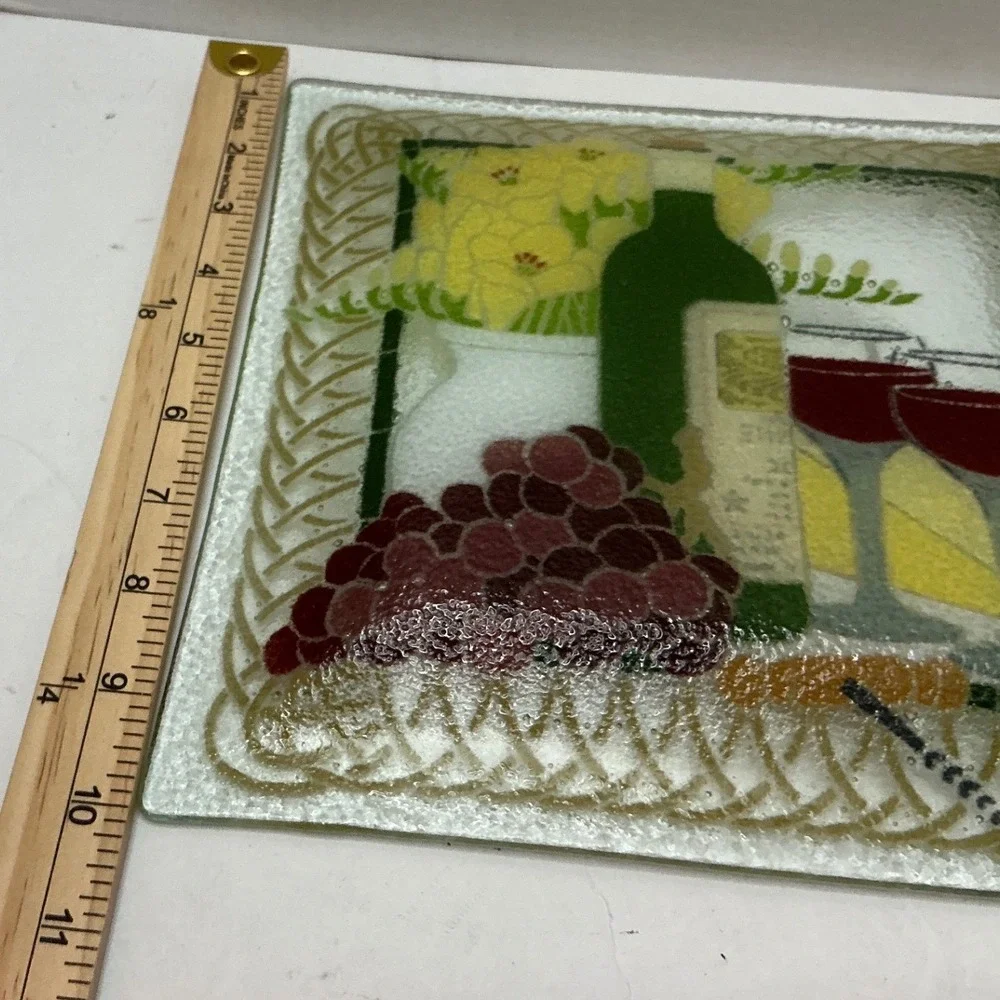 Glass‎ Platter Wine Cheese Grapes Still Life 11.5in Square Kitchen Decor
